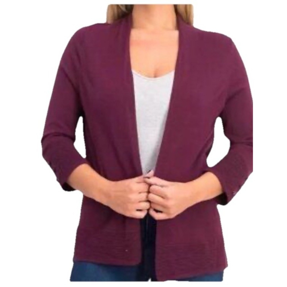 Evolution By Cyrus Open Front Cardigan 3/4 Medium Sleeves Accent Buttons Women